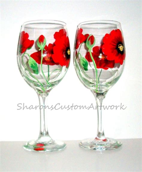 Red Poppies Hand Painted Wine Glasses Set Of 4 20 Oz Etsy Hand Painted Wine Glasses