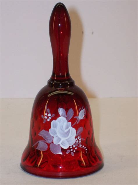 Vintage Fenton Ruby Red Glass Bell Diamond Optic Pattern White Rose Hand Painted And Signed