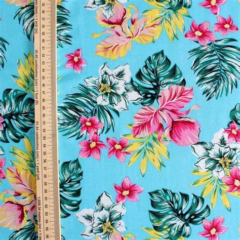 Viscose Dress Fabric Colourful Tropical Flowers On Blue