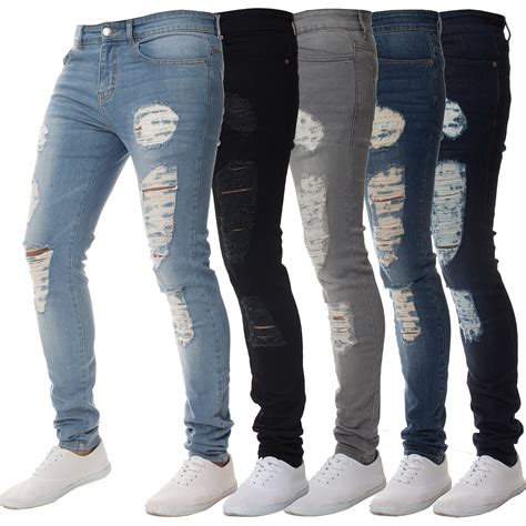 New Mens Enzo Super Stretch Skinny Jeans Ripped Distressed Designer