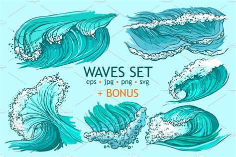 Waves Hand Drawn Set Decorative Illustrations Creative Market