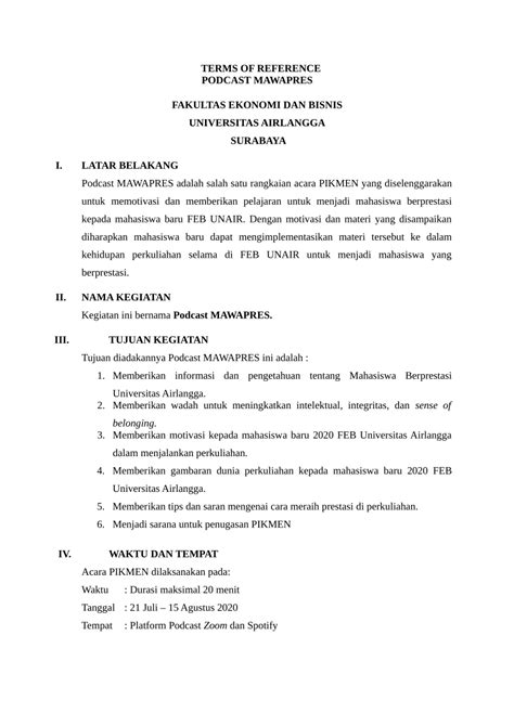 Contoh Term Of Reference Tor Atau Kerangka Acuan Kerj