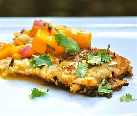 · 1 ¾ cups diced peeled mango (about 2 mangoes) · ¼ cup diced red onion · 2 tablespoons chopped fresh cilantro · lime crema: Coconut-Crusted Fish Fillets With Mango Salsa Recipe
