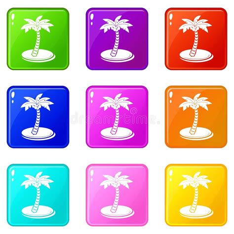 Palm Tree With Coconuts Icons Set 9 Color Collection Stock Vector