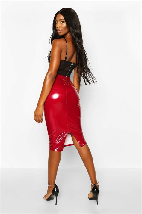 vinyl longerline midi skirt red leather skirt hot outfits midi skirt