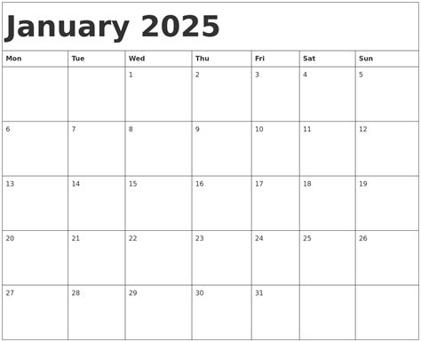 January 2025 Calendar Template