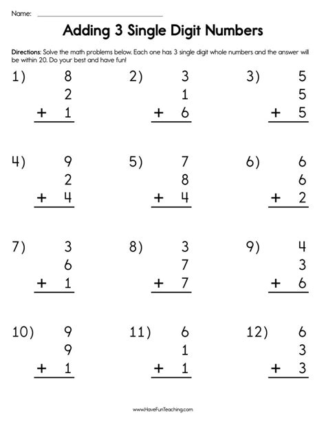 Math Worksheets Adding Three Single Digit Numbers