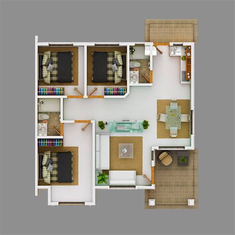 Small House 3 Bedroom Floor Plan Bungalow 3d