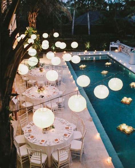 Dinner Hanging Lights Pool Pool Wedding Garden Party Wedding Bali Wedding