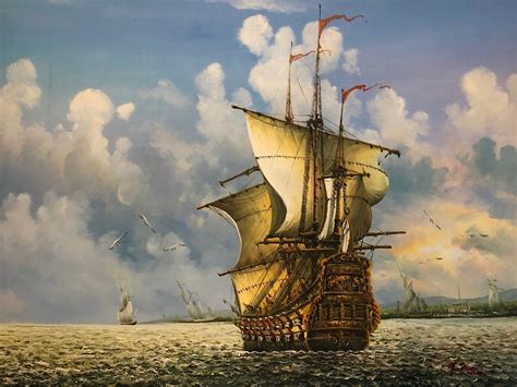 Vintage Marine Seascape Oil Painting Of Spanish Galleon Ship