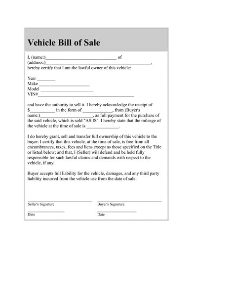 Bill Of Sale Template Car