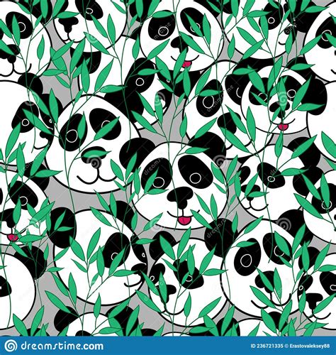Seamless Pattern With Cute Pandas And Bamboo Leaves Print For Children