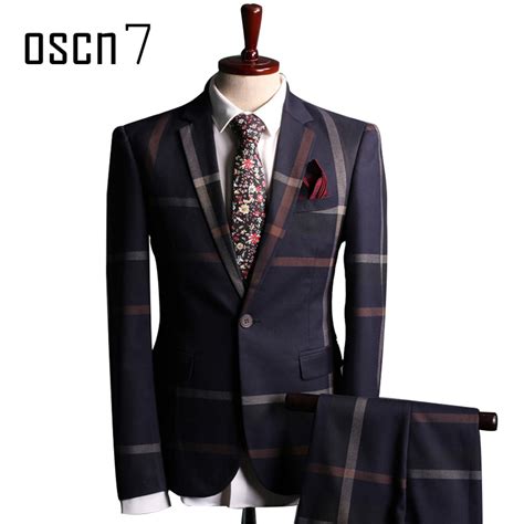 Oscn7 Navy Blue Slim Fit Plaid Suit Men Notch Lapel