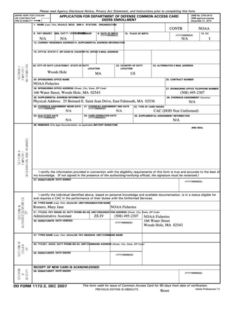 Fillable Dd Form 1172 2 2007 Application For Department Of Defense