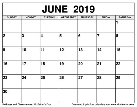 June 2019 Calendar Printable Templates