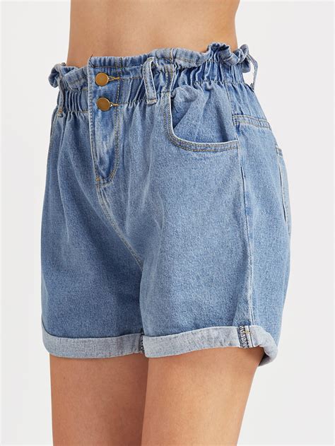 Blue Shirred Elastic Waist Rolled Hem Denim Shortsfor Women Romwe