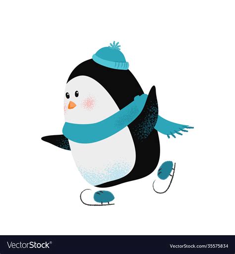 Cute Cartoon Penguin In Scarf And Hat Enjoying Vector Image