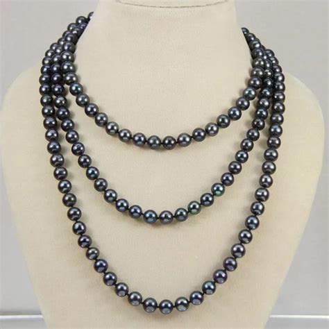 Natural 7 8 Mm Tahitian Black Pearl Necklace Aa Long 50 Inches In