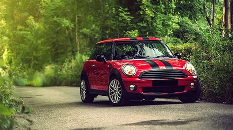 Hd Wallpaper Red And Black Mini Cooper On Road Car Stripes Nature