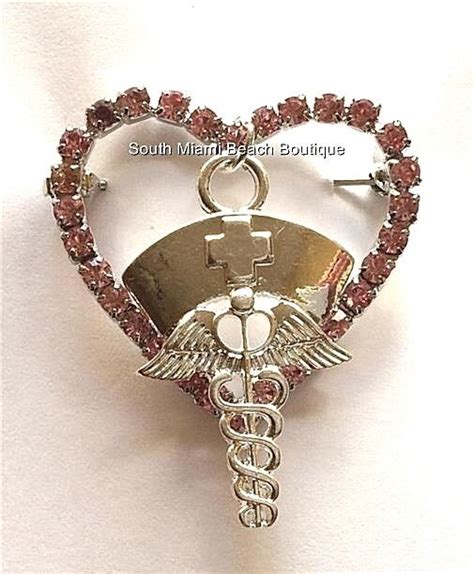 Silver Crystal Nursing Pin Brooch T Nurses Rn Lpn Cna Caduceus Pink Heart Usa Ebay