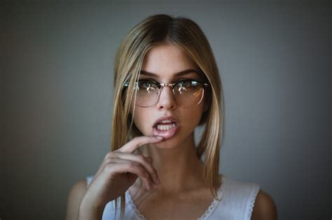 Face Finger On Lips Portrait Women With Glasses Women Blonde Open