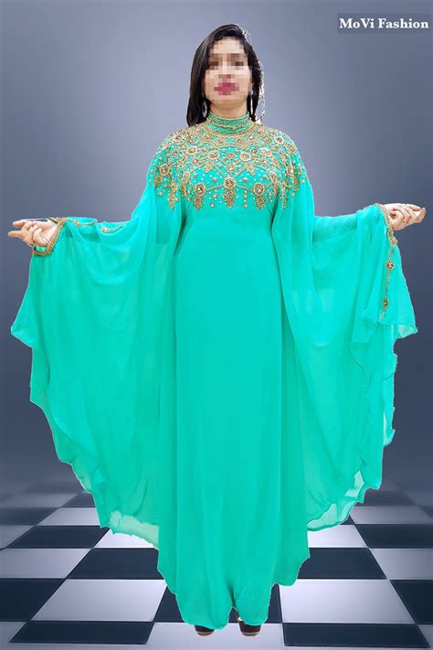 Green And Gold Dubai Style Moroccan Kaftan Women Dress With Muliple