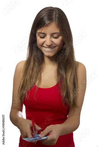 Beautiful Teenage Girl Portrait Excited Cutting Credit Card Buy This
