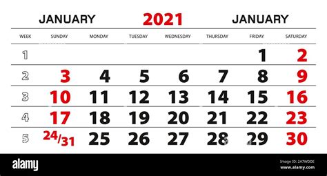Calendario De Pared 2021 Para Enero Inicio De La Semana Desde El