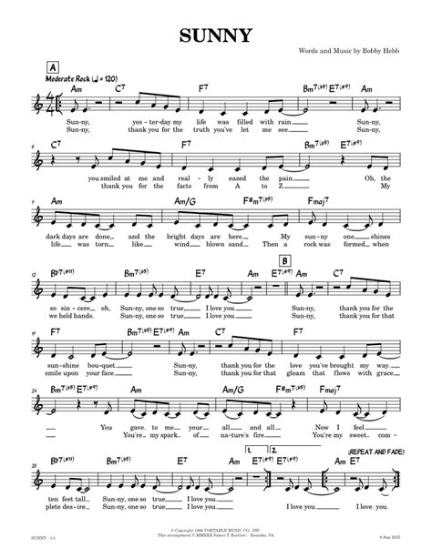 Sunny Lead Sheet Am Sheet Music For Piano Solo