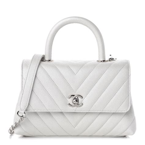 Chanel Iridescent Caviar Chevron Quilted Mini Coco Handle Flap White 464244