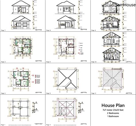 24x24 Feet Small House Plans 7x7 Meter 2 Bedrooms Hip Roof Full Plan Etsy