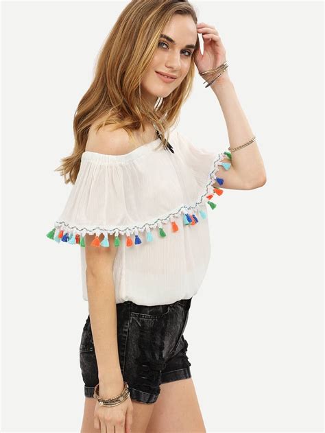 White Tassel Trim Ruffled Off The Shoulder Top Sheinsheinside