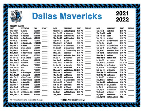 Printable 2021 2022 Dallas Mavericks Schedule