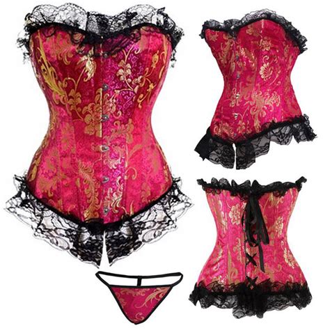Ruffled Lining Floral Jacquard Lace Up Overbust Corset Plus Size