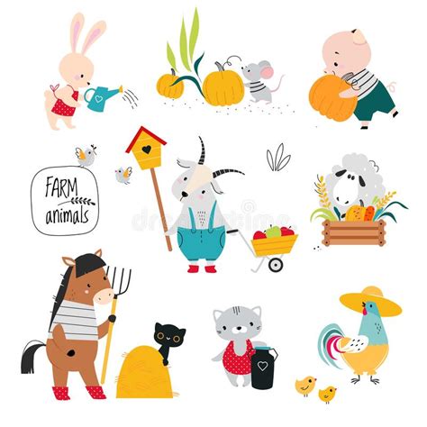 Cute Farm Animals On Ranch Harvesting And Watering Plant Vector Set