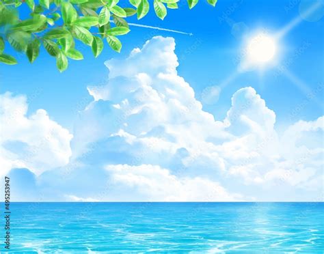 太陽の下入道雲の青い空の下に初夏の葉っぱと飛行機雲と海のゆらめく波の夏イメージイラスト素材 Stock ベクター Adobe Stock