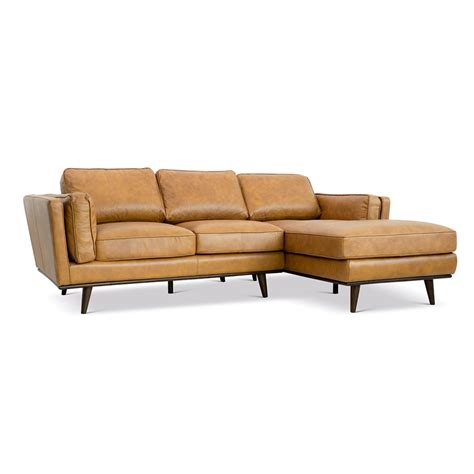Pemberly Row Mid Century Modern Tan Genuine Leather Sectional Sofa