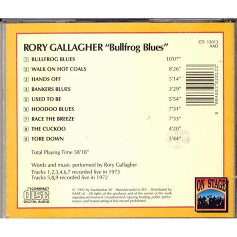 Bullfrog Blues Recorded Live In 1973 And 1972 By Rory Gallagher Cd