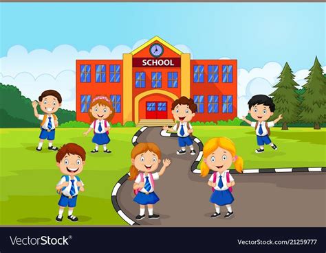 Happy School Children In Front Of The School Vector Image Kids Going