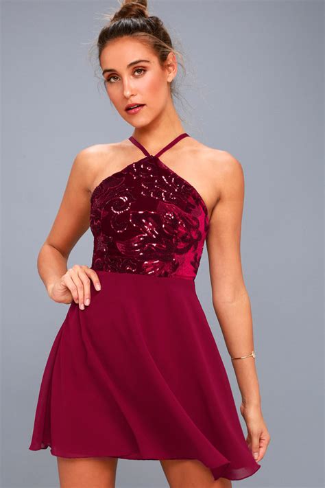 Lovely Burgundy Sequin Dress Halter Dress Skater Dress Lulus
