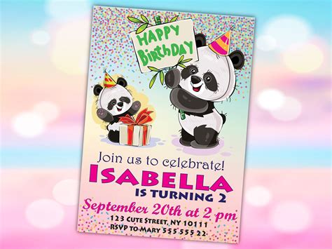 Panda Birthday Party Invitation Baby Panda Bear Birthday Party