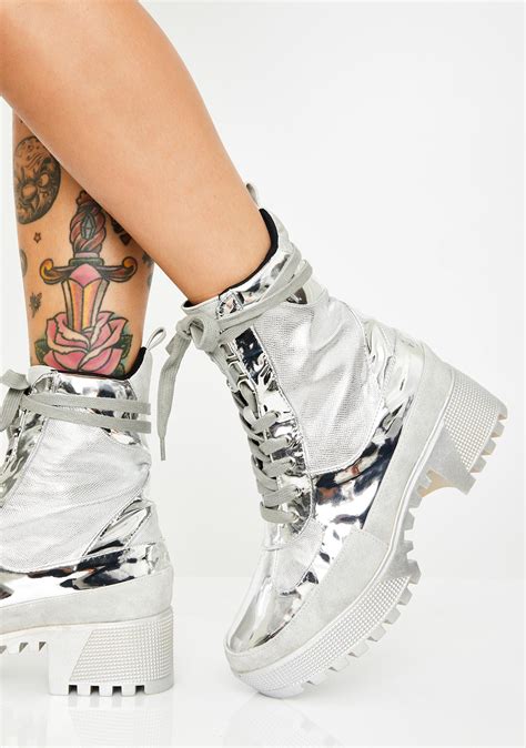 Silver Metallic Patent Leather Lace Up Combat Boots Dolls Kill