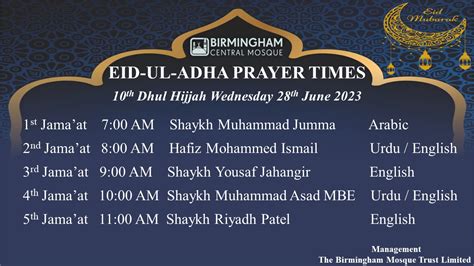 Eid Ul Adha 2023 Prayer Times Birmingham Central Mosque