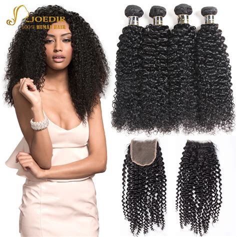 Joedir Brazilian Afro Kinky Curly Weave Human Hair 2 3 4 Bundles With Closure Non Remy Hair
