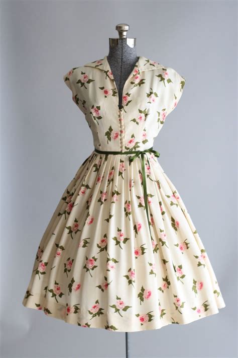 vintage 1950s dress 50s silk dress cream rose print dress w waist tie s vintage dresses