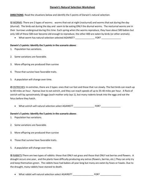 Darwin's natural selection worksheet name _____ read the following situations below and identify the 5 points of darwin's natural selection. Darwin's Natural Selection Worksheet DIRECTIONS: Read the