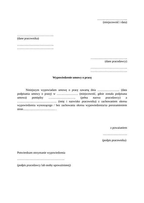 Wypowiedzenie umowy o pracę przez pracownika wzór darmowy praca money pl