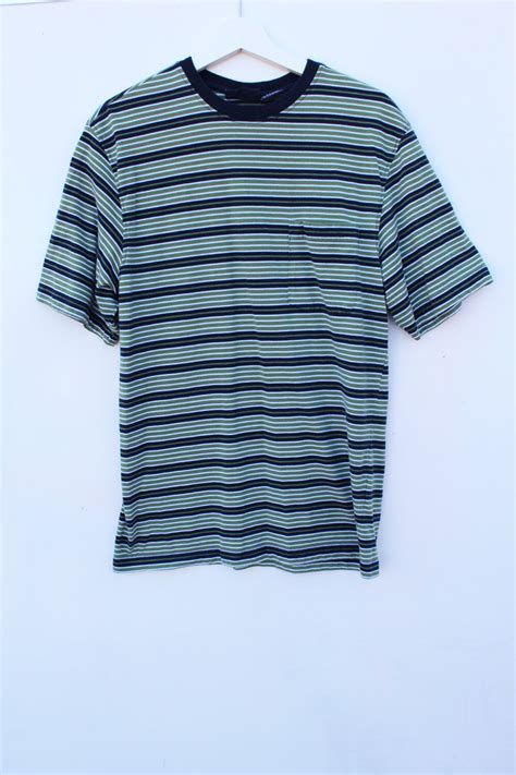90s Striped T Shirt Men S Medium Pocket Tee Green Navy Etsy Striped Tshirt Men Mens