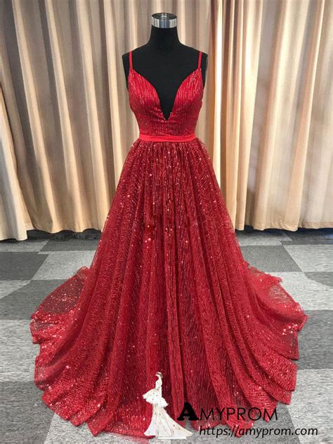 Chic A Line Spaghetti Straps Sparkly Long Prom Dress Beautiful Red Pro