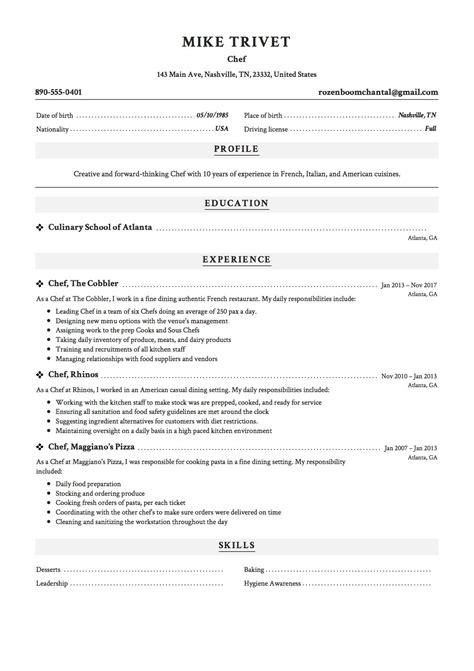 Glory Chef Resume Objective Skills And Experience Examples